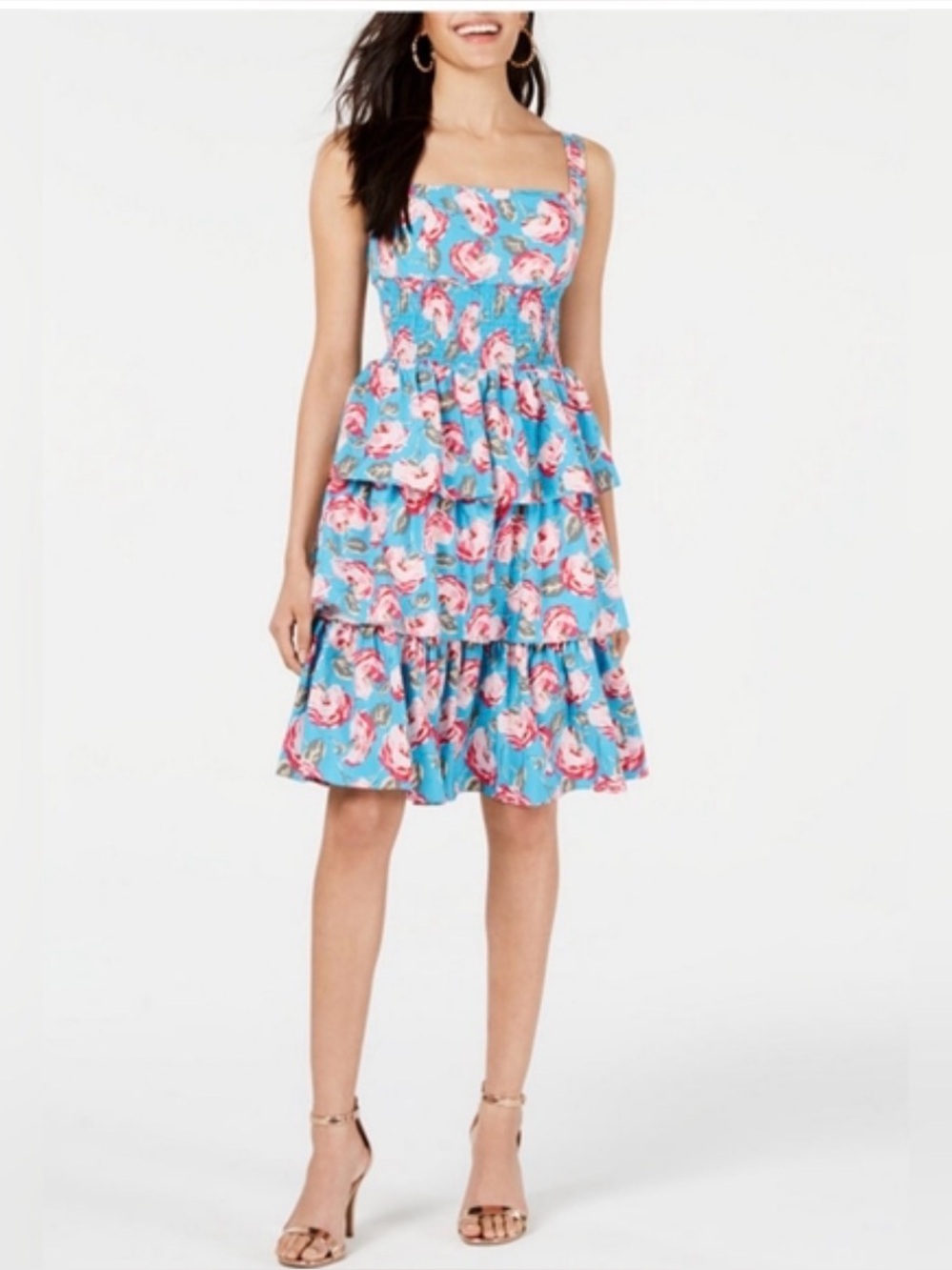Betsey Johnson Blue Floral Smocked Tiered Mini Dress